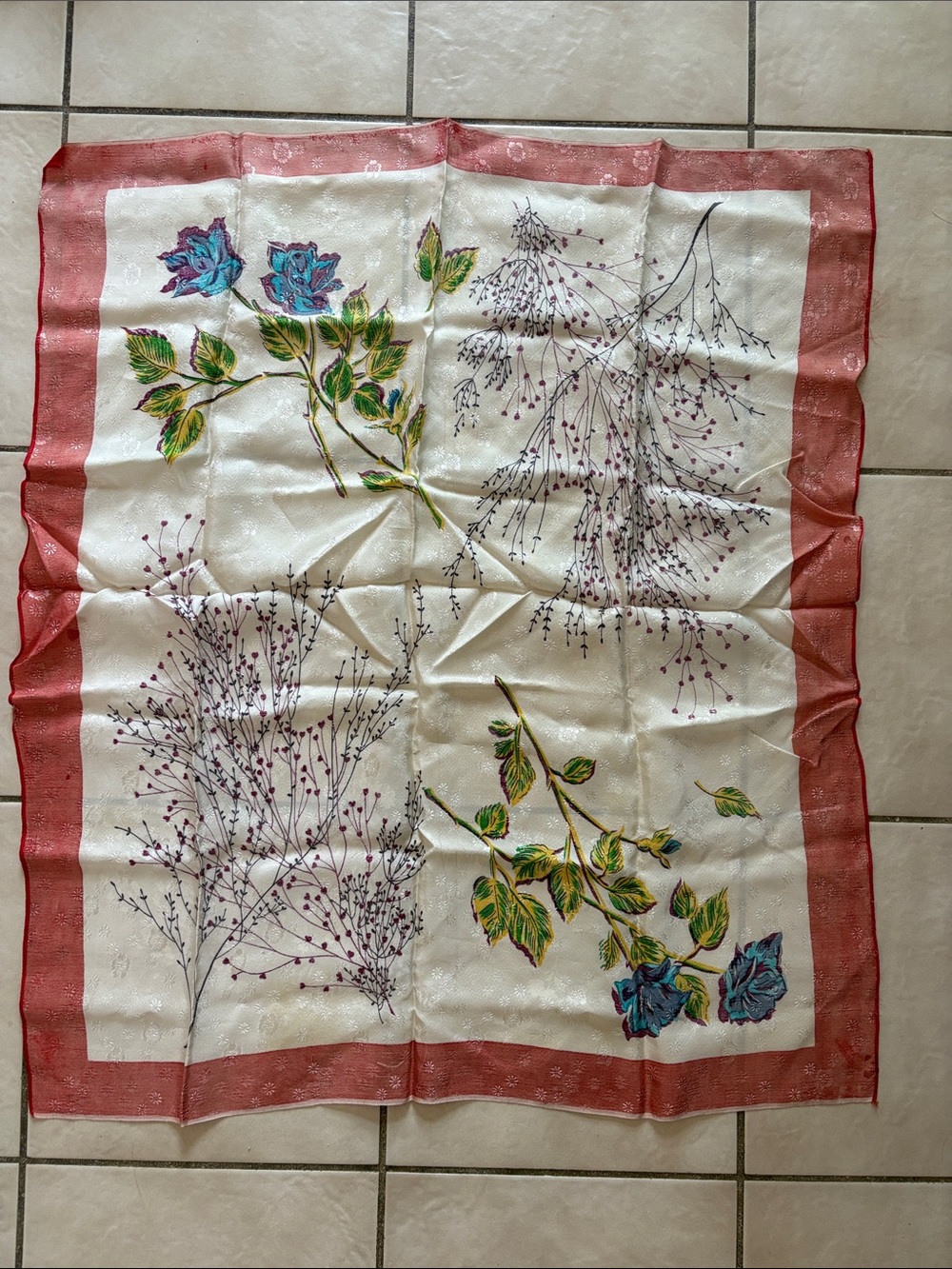 Vintage Floral Silk-Style Square Scarf - Red Border, Cream & Mixed Floral Center - Picture 3 of 7